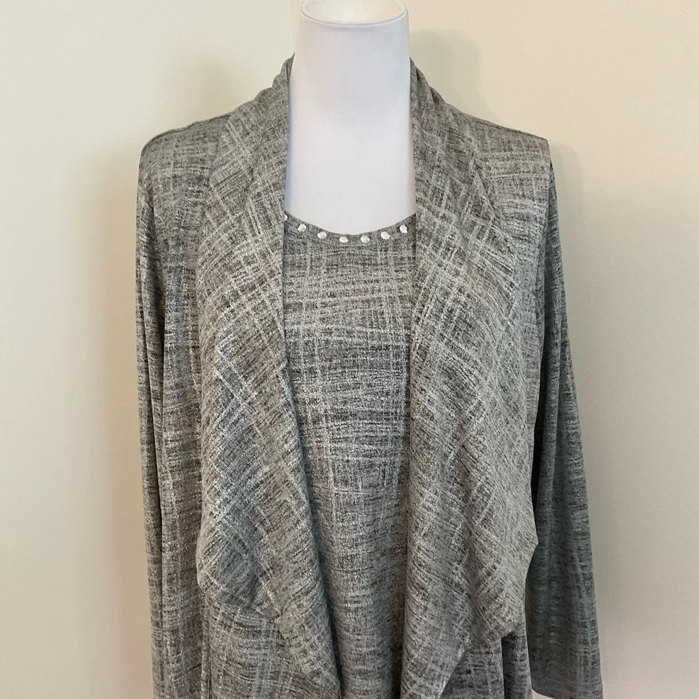 Ruby Rd. Gray Rhinestone Edge Trimmed Cardigan Sweater Set - Picture 2 of 7